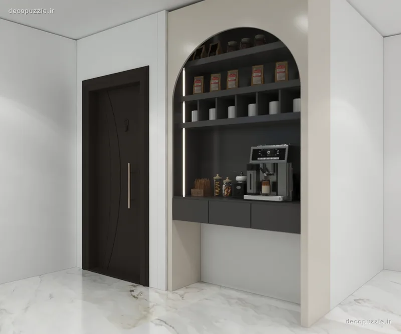 کابینت مدرن دورنگ با کافی‌بار، قفسه باز و نورپردازی خطی در آشپزخانه