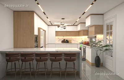 آشپزخانه مدرن دورنگ با کابینت سفید و طرح چوب، جزیره بزرگ، بین کابینتی ماربل و نورپردازی خطی