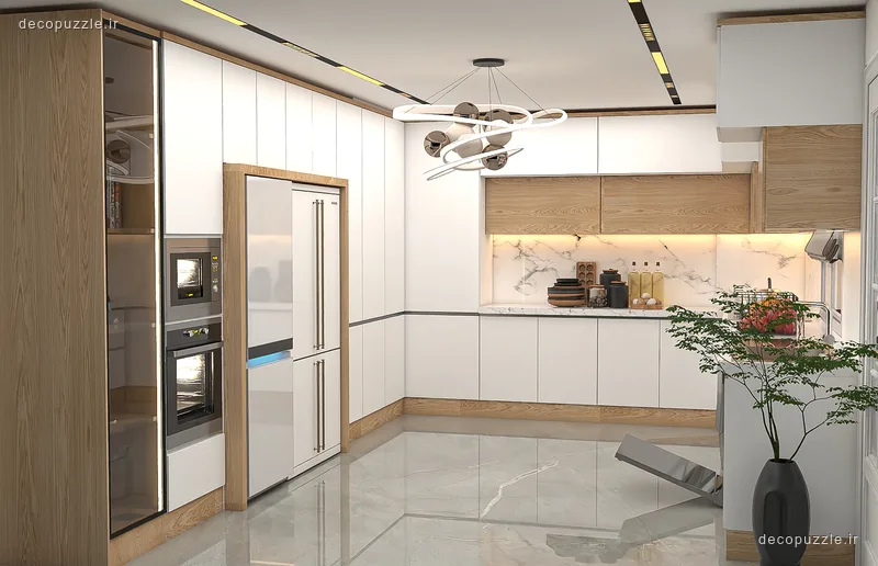 آشپزخانه مدرن دورنگ با کابینت مات سفید و طرح چوب، چیدمان ال، بین کابینتی ماربل و نورپردازی خطی