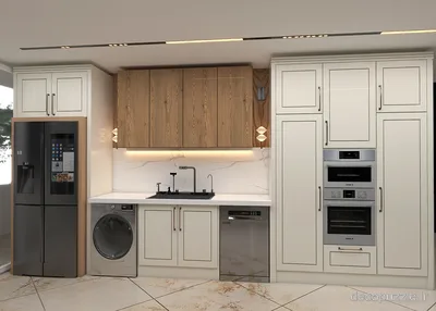 آشپزخانه نئوکلاسیک دورنگ با کابینت سفید و طرح چوب، بین کابینتی ماربل و فر توکار