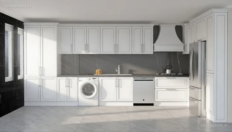 کابینت نئوکلاسیک سفید مات با بین کابینتی طوسی، هود کلاسیک و لوازم توکار