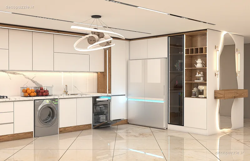 کابینت مدرن سفید هایگلاس با جزئیات طرح چوب، ویترین و نورپردازی خطی در آشپزخانه ال