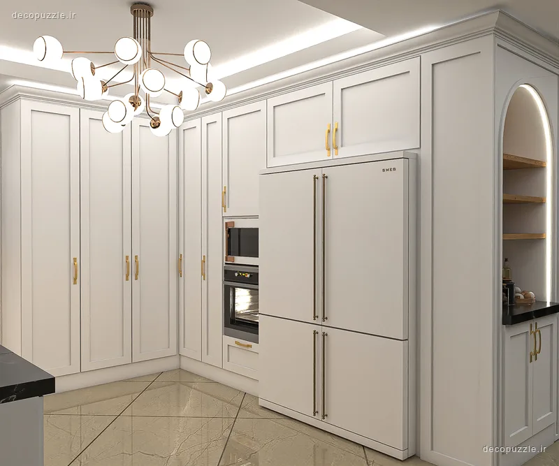 کابینت سفید مات با چیدمان ال، جزیره، فر و مایکروویو توکار و قفسه باز