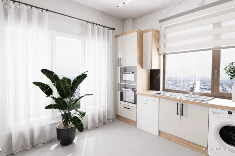 کابینت مدرن دورنگ سفید و طرح چوب با فر توکار و مایکروویو توکار در آشپزخانه ال