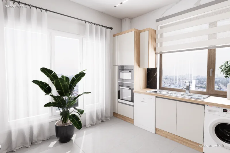 کابینت مدرن سفید مات و طرح چوب با چیدمان ال، فر توکار و مایکروویو توکار در آشپزخانه