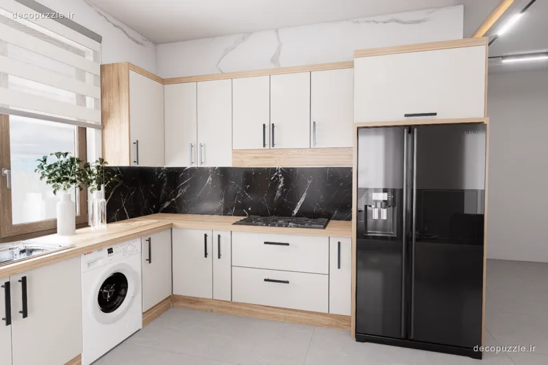 کابینت مدرن سفید مات و طرح چوب با بین کابینتی ماربل در آشپزخانه ال‌شکل