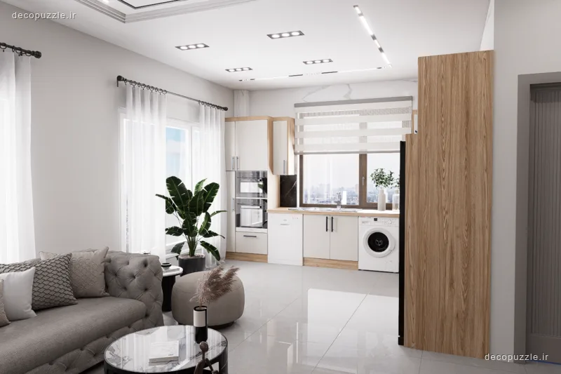 کابینت مدرن دورنگ سفید و طرح چوب با فر توکار و نورپردازی خطی در آشپزخانه ال
