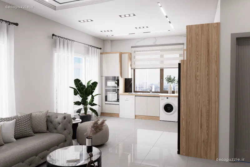 آشپزخانه مدرن دورنگ با کابینت مات و طرح چوب، فر توکار و بین کابینتی ماربل