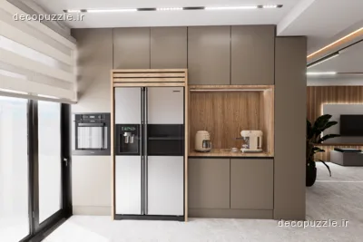 آشپزخانه مدرن دورنگ با کابینت مات، کافی‌بار طرح چوب و نورپردازی خطی