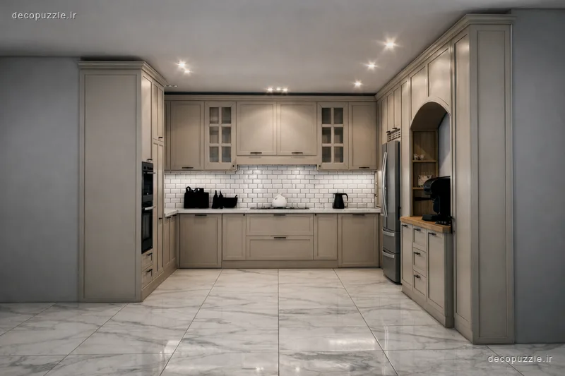 آشپزخانه نئوکلاسیک کرم با چیدمان یو، ویترین شیشه‌ای، بین کابینتی سفید و کابینت‌های تا سقف