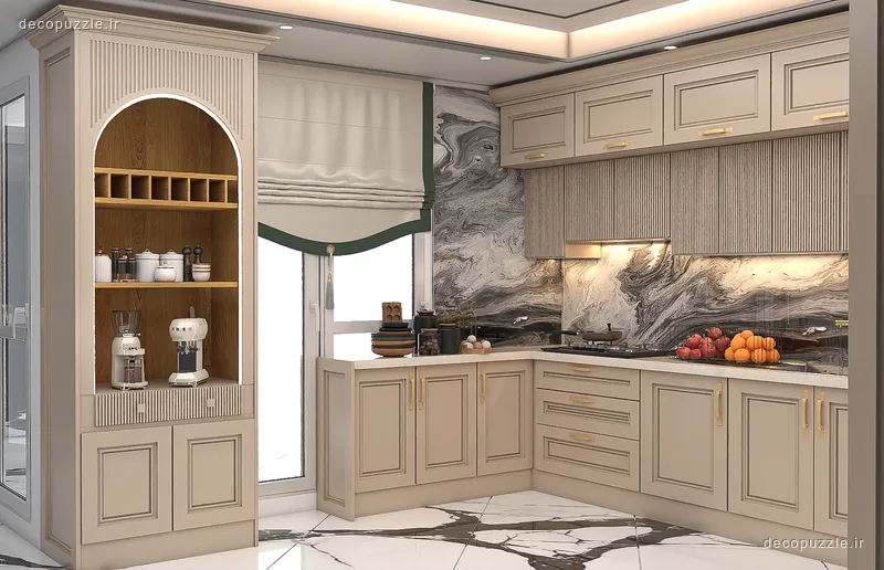 کابینت نئوکلاسیک کرم با ویترین، قفسه باز، بین کابینتی ماربل و چیدمان ال