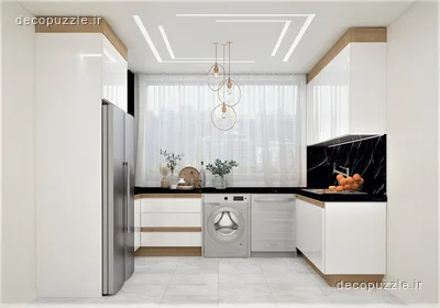 کابینت مدرن سفید براق با جزئیات طرح چوب، بین کابینتی ماربل مشکی و نورپردازی خطی در آشپزخانه ال