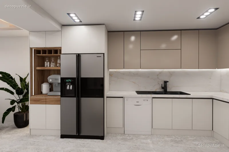 کابینت مدرن مات دورنگ با چیدمان ال، کافی‌بار چوبی و بین کابینتی ماربل در آشپزخانه
