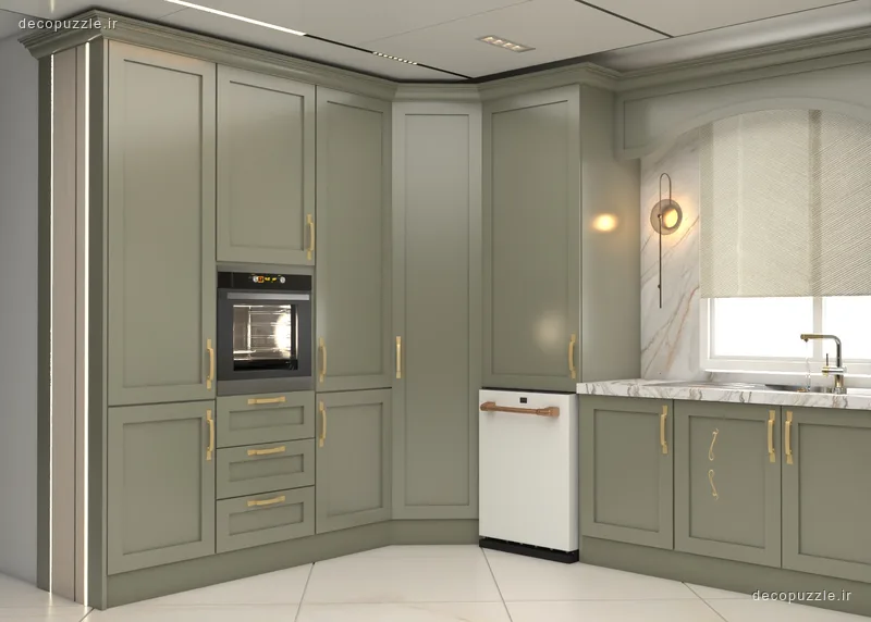 آشپزخانه طوسی مات با کابینت پلی اورتان، چیدمان ال، فر توکار و صفحه ماربل