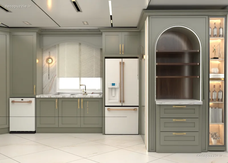 کابینت نئوکلاسیک طوسی و سفید با ویترین شیشه‌ای، بین کابینتی ماربل و نورپردازی خطی