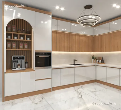 آشپزخانه مدرن دورنگ با کابینت هایگلاس سفید و طرح چوب، چیدمان ال، قفسه باز و فر توکار