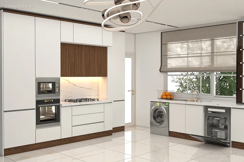 کابینت مدرن سفید مات و طرح چوب با فر توکار و مایکروویو توکار در آشپزخانه ال