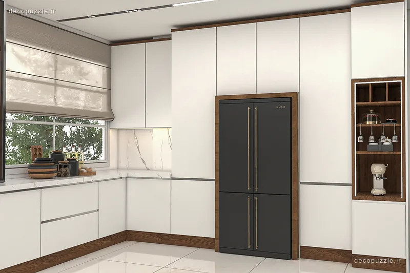 کابینت مدرن سفید مات با جزئیات طرح چوب، کافی‌بار و قفسه باز در آشپزخانه ال