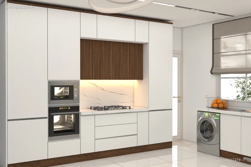 کابینت مدرن سفید با جزئیات طرح چوب، بین کابینتی ماربل و فر و مایکروویو توکار در آشپزخانه ال