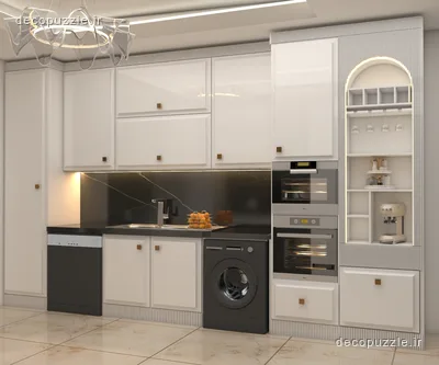آشپزخانه خطی با کابینت سفید هایگلاس، بین کابینتی ماربل مشکی، ویترین و نورپردازی خطی