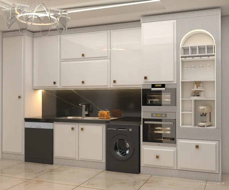 آشپزخانه خطی با کابینت سفید هایگلاس، بین کابینتی ماربل مشکی، ویترین و نورپردازی خطی