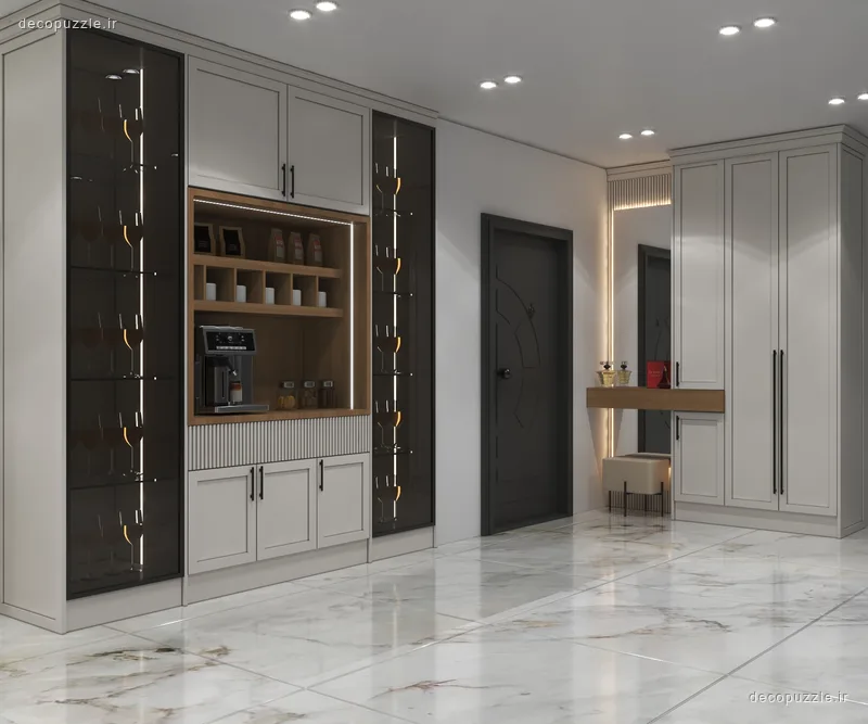 کابینت مدرن سفید و مشکی با ویترین، کافی‌بار و نورپردازی خطی در پذیرایی