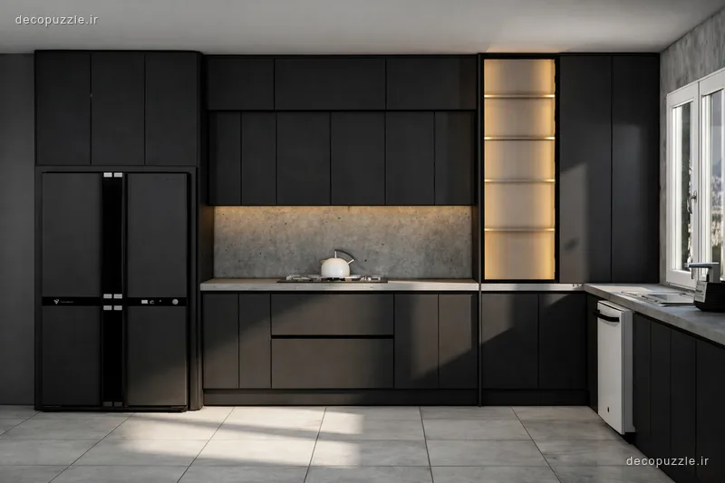کابینت مدرن مشکی مات با چیدمان ال، ویترین نورپردازی‌شده و بین کابینتی طرح سنگ