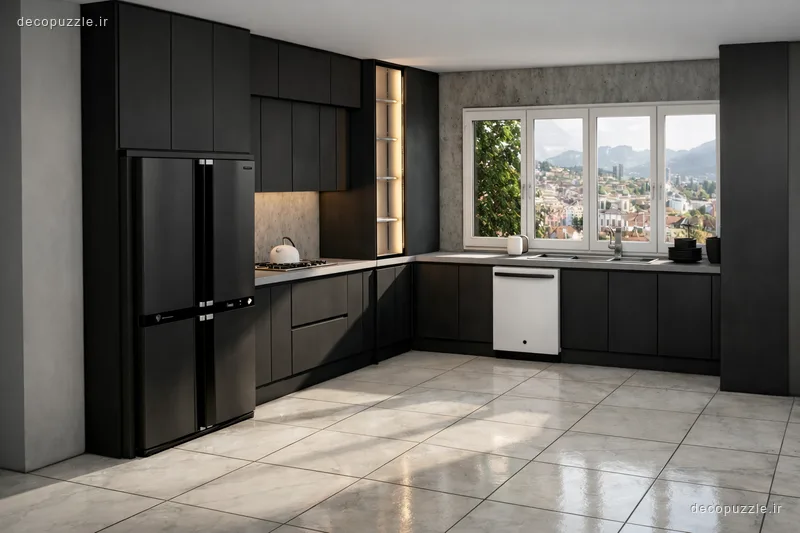 کابینت مدرن مشکی مات با چیدمان ال، بین کابینتی و دستگیره مخفی در آشپزخانه