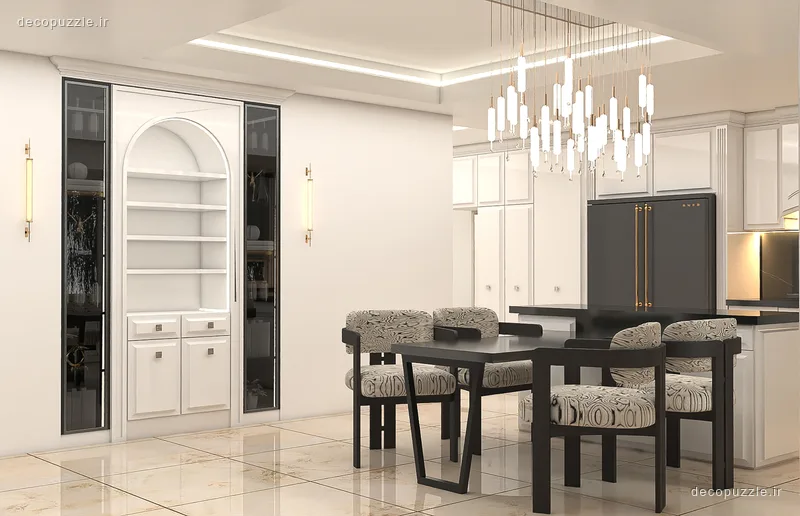 آشپزخانه سفید و مشکی با کابینت پلی اورتان، ویترین شیشه‌ای و میز ناهارخوری