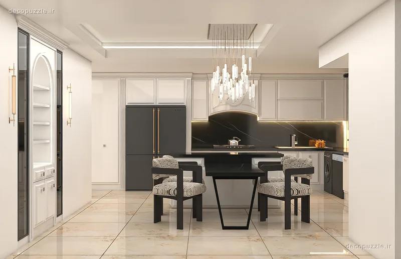 کابینت پلی اورتان سفید و مشکی با ویترین شیشه‌ای و بین کابینتی ماربل در آشپزخانه ال
