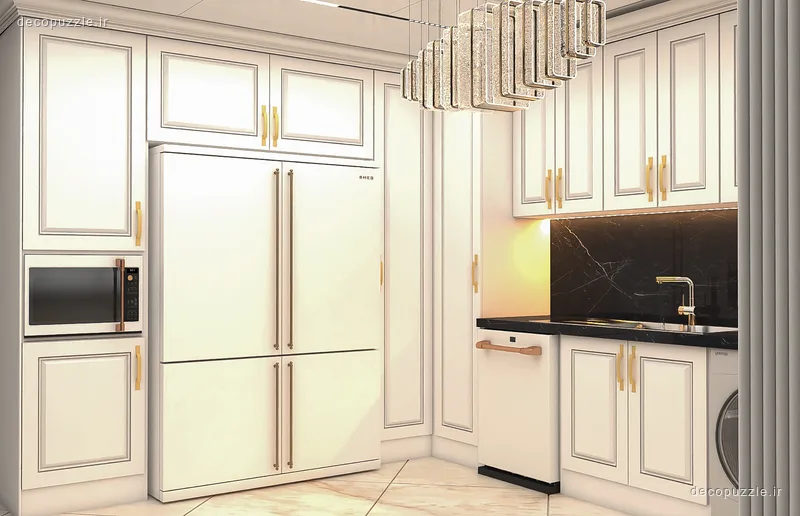 کابینت سفید ممبران با چیدمان کنج، مایکروویو توکار و بین کابینتی ماربل در آشپزخانه