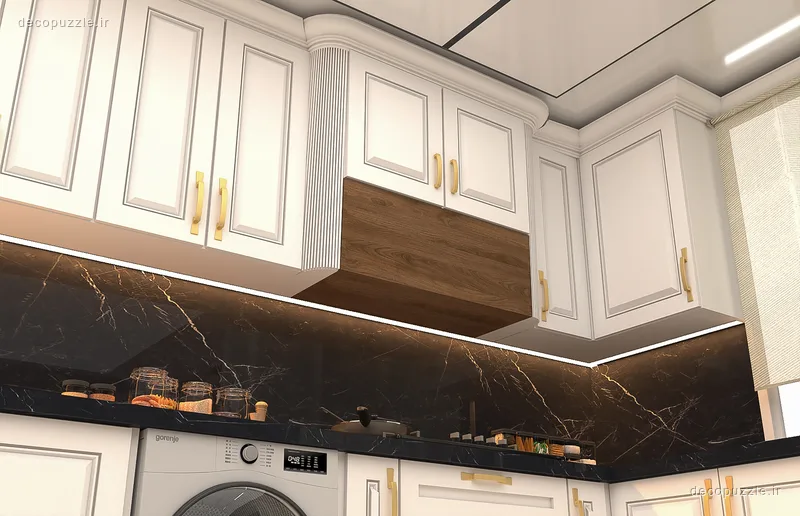 کابینت سفید با بین کابینتی ماربل مشکی و نورپردازی خطی در آشپزخانه ال