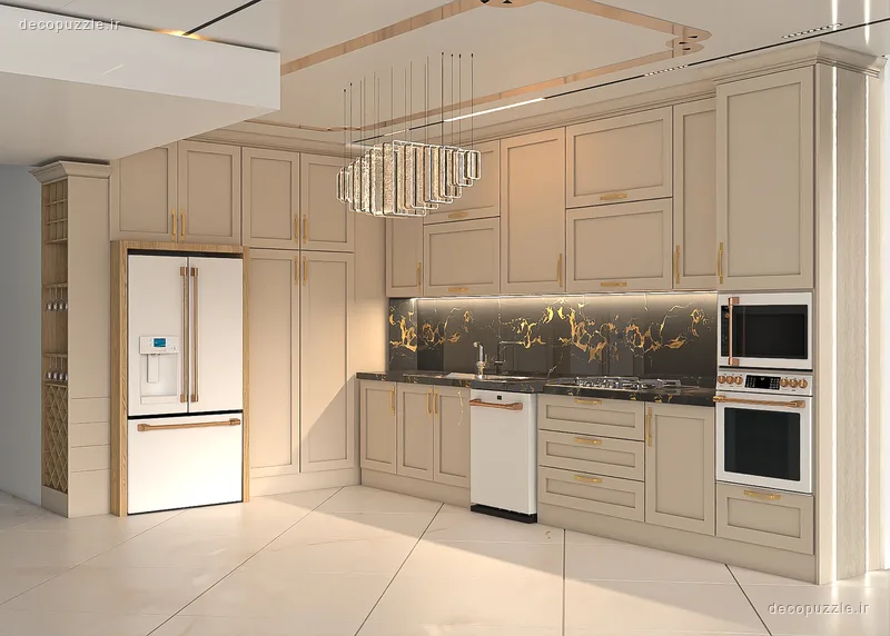 آشپزخانه نئوکلاسیک کرم با کابینت تا سقف، فر و مایکروویو توکار و بین کابینتی ماربل