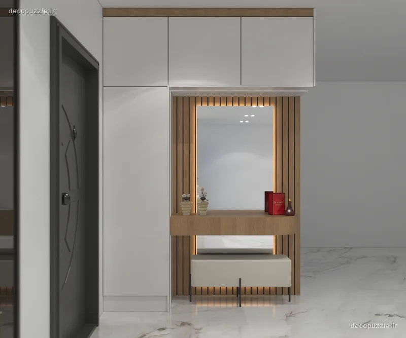کابینت مدرن سفید مات با ویترین، قفسه باز و نورپردازی خطی در پذیرایی
