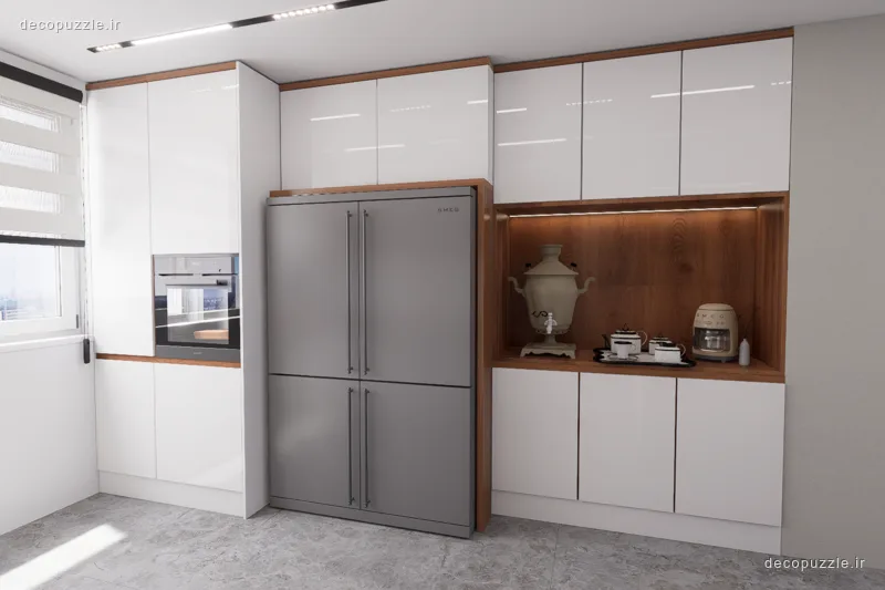 کابینت مدرن سفید براق با جزئیات طرح چوب، فر و مایکروویو توکار در آشپزخانه خطی