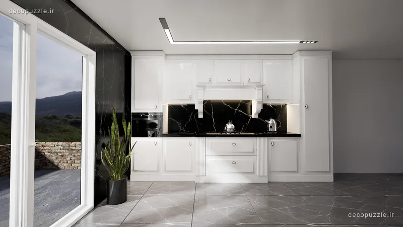 کابینت سفید براق با صفحه و بین کابینتی ماربل مشکی، فر توکار و نورپردازی خطی در آشپزخانه