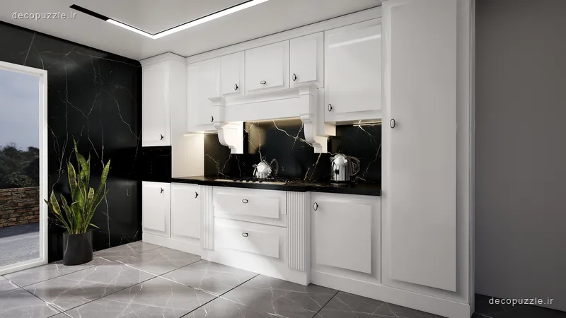 کابینت سفید پلی اورتان با بین کابینتی ماربل مشکی و نورپردازی خطی در آشپزخانه خطی