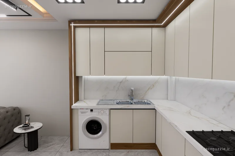کابینت مدرن مات دورنگ با طرح چوب، چیدمان ال، بین کابینتی ماربل و دستگیره مخفی