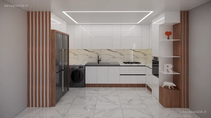 کابینت مدرن دورنگ سفید و طرح چوب با چیدمان ال، بین کابینتی ماربل و قفسه باز