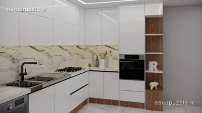 آشپزخانه مدرن با کابینت سفید براق، چیدمان ال، صفحه ماربل و قفسه باز طرح چوب