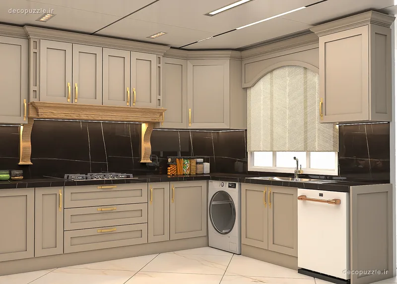 کابینت نئوکلاسیک طوسی با بین کابینتی مشکی و چیدمان ال در آشپزخانه