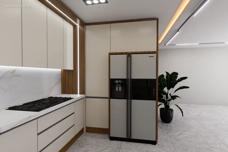 کابینت مدرن سفید مات با بین کابینتی ماربل و دستگیره مخفی در آشپزخانه ال
