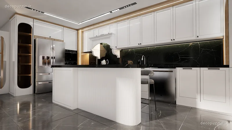 آشپزخانه نئوکلاسیک با کابینت سفید مات، بین کابینتی ماربل مشکی و جزیره‌ای بزرگ