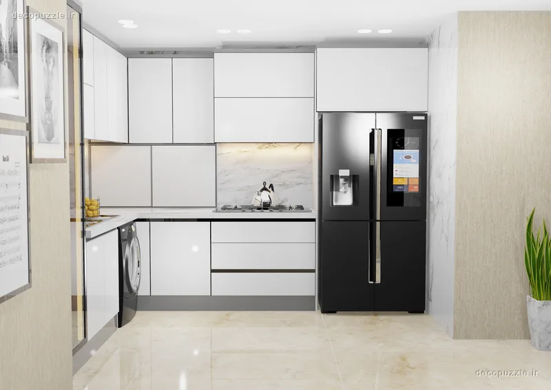 کابینت مدرن سفید هایگلاس با چیدمان ال، بین کابینتی ماربل و هود مخفی در آشپزخانه