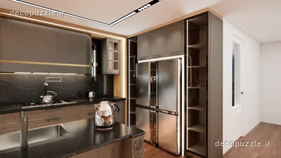 کابینت مدرن دورنگ مات و طرح چوب با جزیره، بین کابینتی ماربل و قفسه باز در آشپزخانه