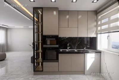کابینت مدرن دورنگ مات با بین کابینتی ماربل، قفسه باز و فر توکار در آشپزخانه خطی