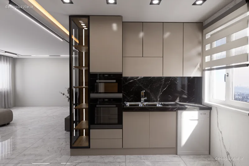 کابینت مدرن دورنگ مات با بین کابینتی ماربل، قفسه باز و فر توکار در آشپزخانه خطی