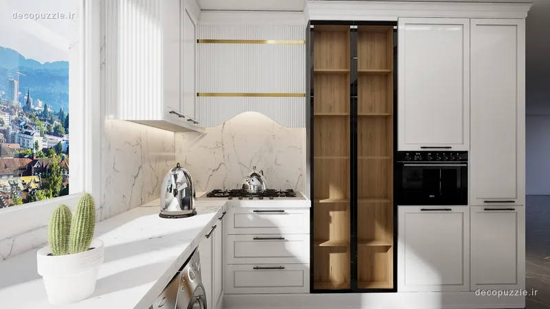 کابینت نئوکلاسیک سفید مات با قفسه باز چوبی، فر توکار و صفحه ماربل در آشپزخانه ال