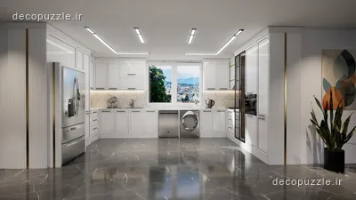 کابینت نئوکلاسیک سفید با چیدمان یو، ویترین شیشه‌ای و نورپردازی خطی در آشپزخانه