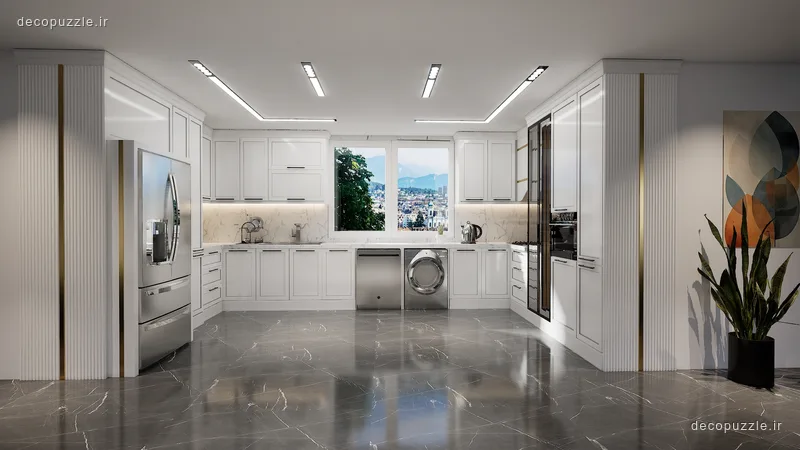 کابینت نئوکلاسیک سفید با چیدمان یو، ویترین شیشه‌ای و نورپردازی خطی در آشپزخانه